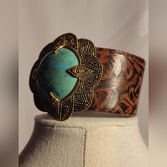 Studio Barse Leather Cuff Bracelet Tooled Brass and Turquoise - Picture 9 of 13
